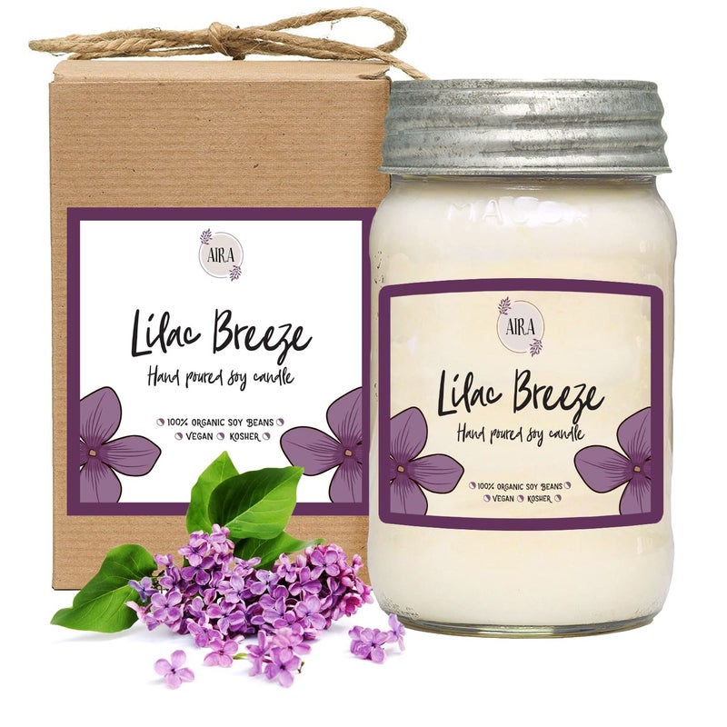 Aira Soy Candles - Organic, Kosher, Vegan, in Mason Jar w/Therapeutic Grade Essential Oils - Hand-Poured 100% Soy Candle Wax - Paraffin Free Burns 110+ Hours - Spring Candle Lilac Breeze - 16 Ounces - Image 1